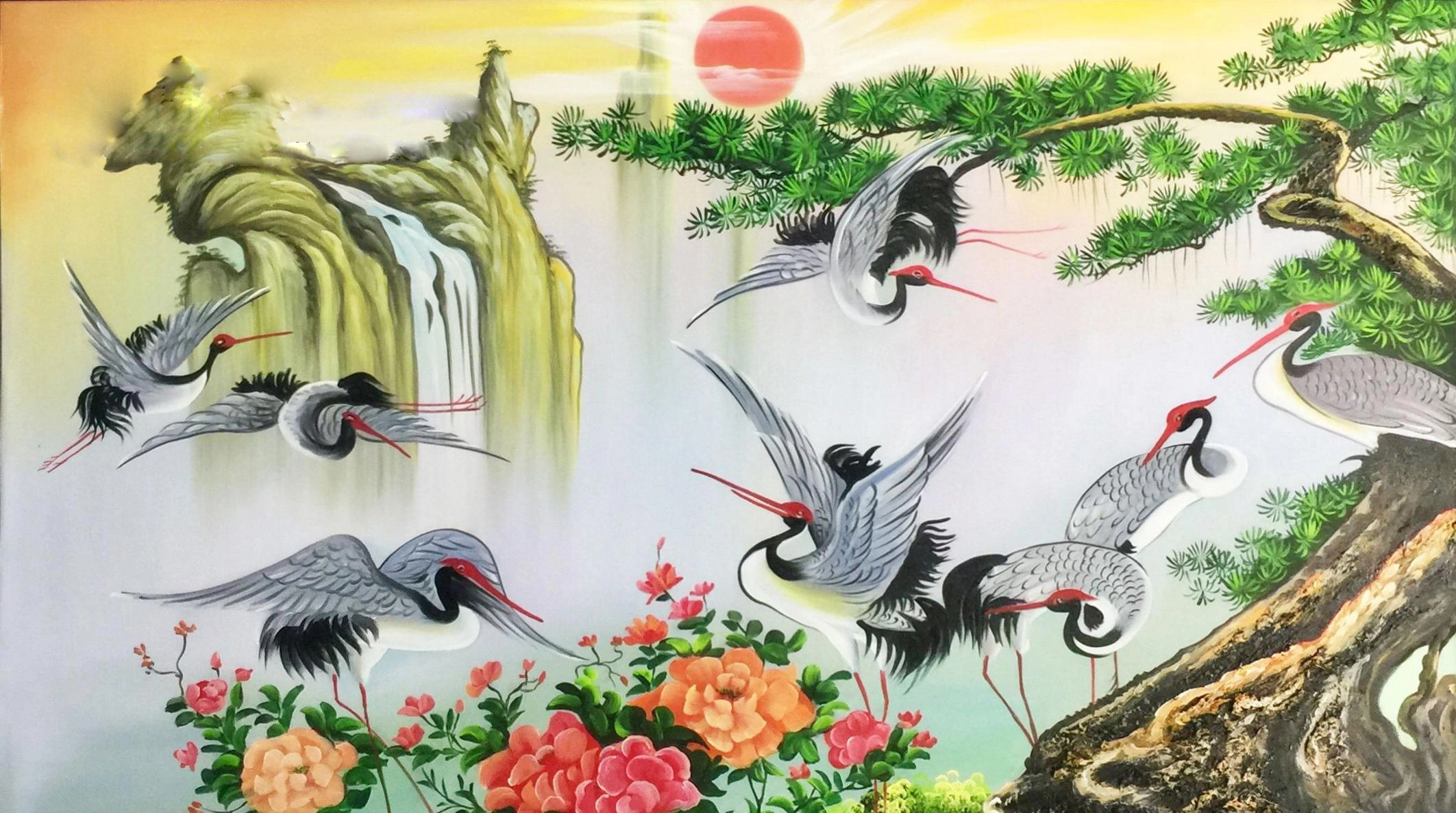 Tranh Tùng Hạc Diên Niên khắc họa hình ảnh cây Tùng-chim Hạc