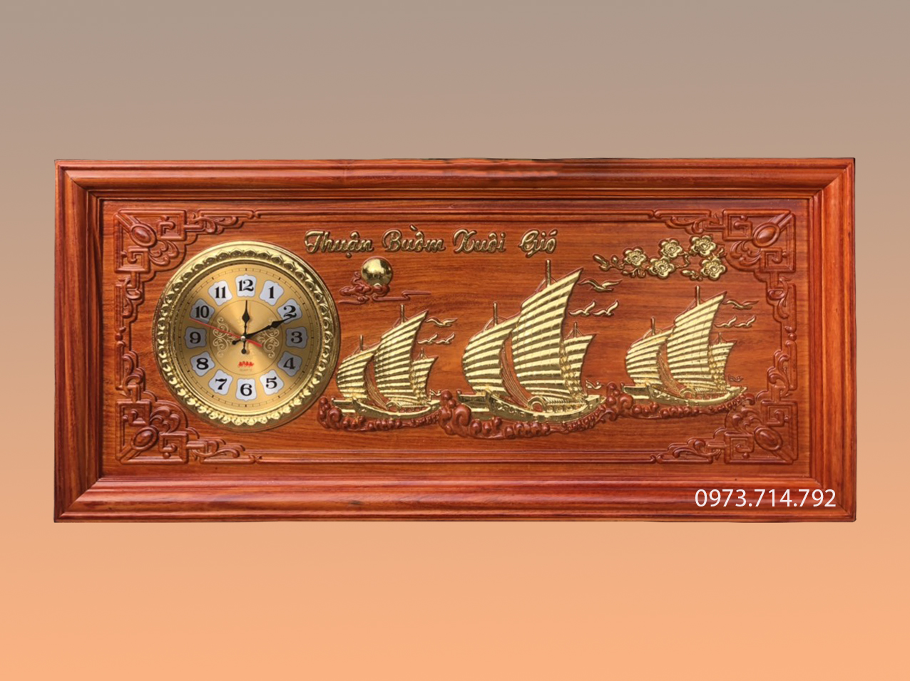 Tranh gỗ đồng hồ chữ tâm dát vàng TRG13 kích thước Rộng 67cm